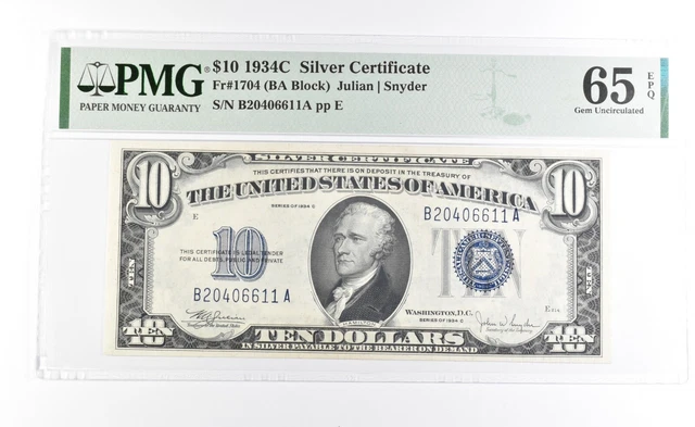 PMG 65 Gem Unc EPQ 1934 C $10 Silver Certificate Blue Seal Fr#1704 *1011