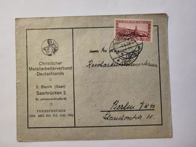 Saargebiet ( Saarland ) 1927 50 c Abtei Tholey Michel 114 auf Brief