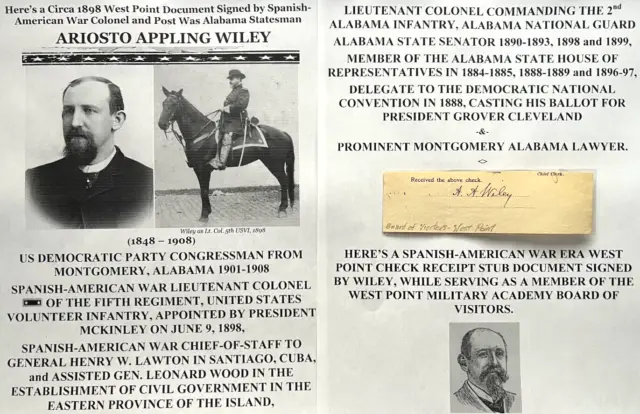 Spanish-American War Cuba Colonel Al Congressman  Senator Wiley Autograph Signed