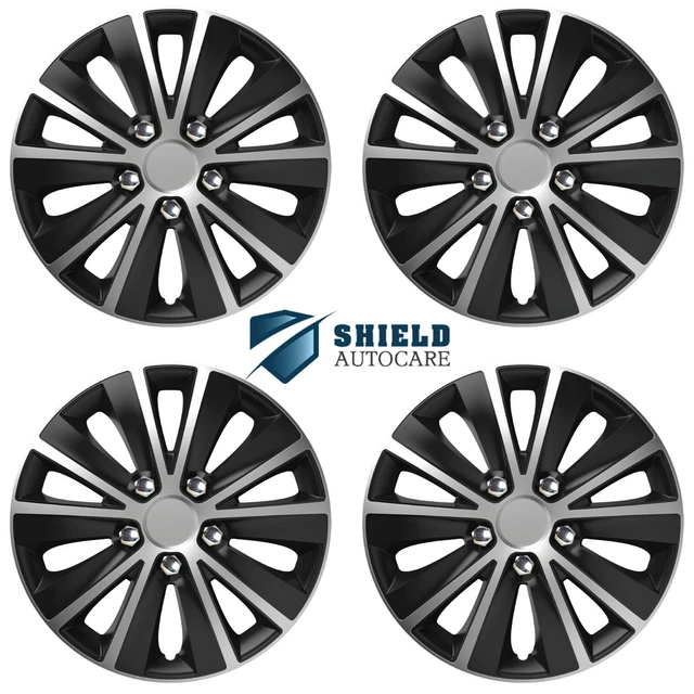 Set Of 4 Black & Silver 15 Inch Hubcaps - Universal Fit Plastic Wheel Trims