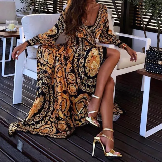 Femmes Imprimé Soirée Bal Soirée Robe Habillé Cocktail Mariage Long Robe *