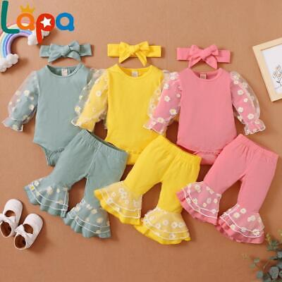 Newborn Baby Girls Bodysuit Romper Headband Floral Clothes Pants Outfits Set US
