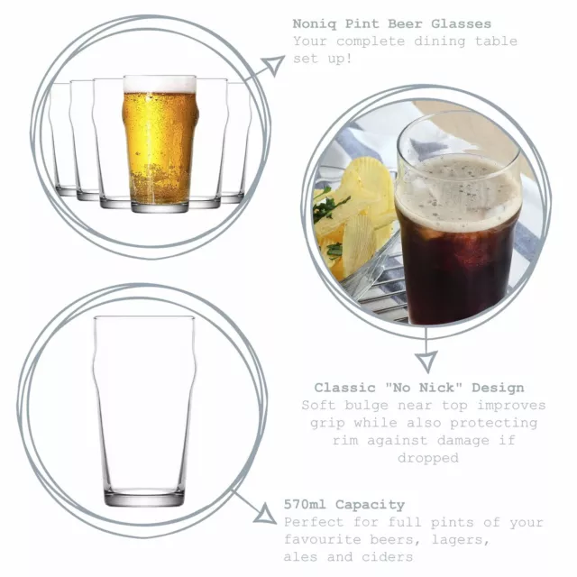 Noniq Beer Glasses - 570ml - 6 Ridged No Nick Classic Pint Glasses Pub Glasses 2