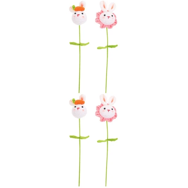 4 piezas Muñeca Conejo Artificial Tejida a Mano Falsa Crochet Flor con Tallo