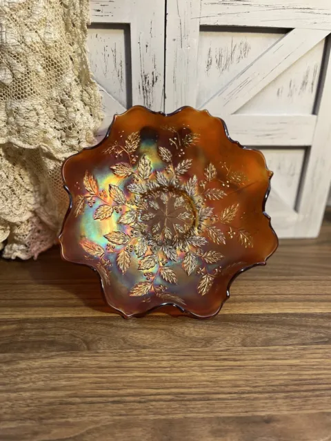 Small Vintage Iridescent Marigold Holly Pattern Carnival Glass Candy Dish