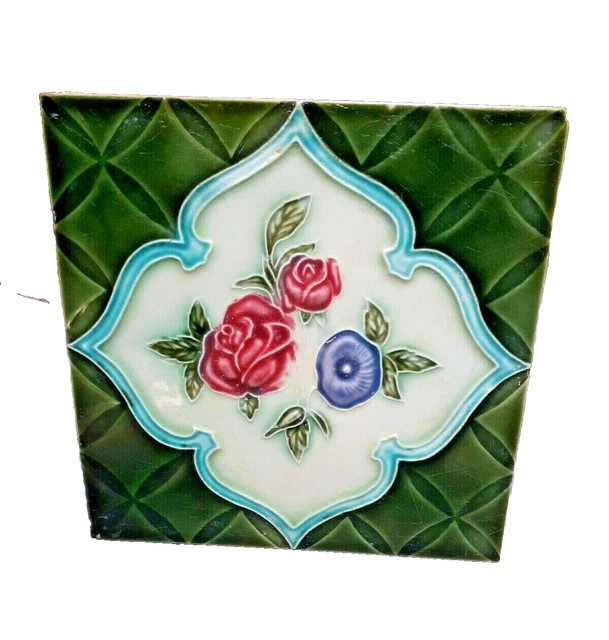 Rare Flower Ceramic Tiles Porcelain Green Vintage Art Dk Made In Japan