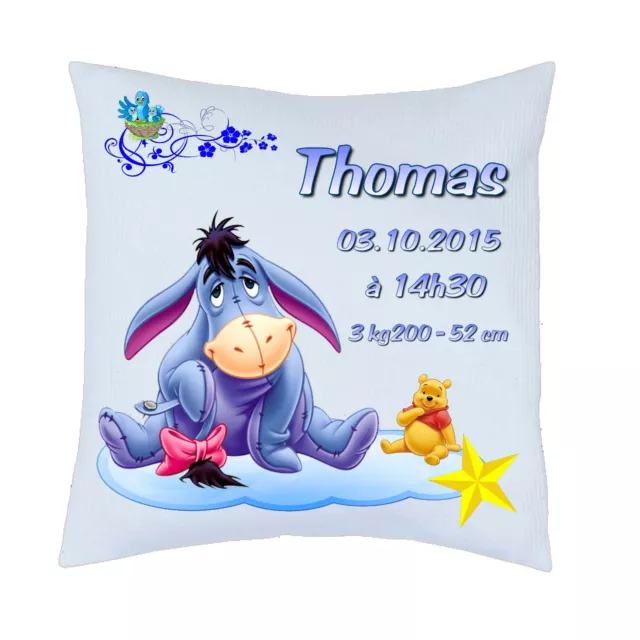 coussin naissance bébé garçon personnalisé bourriquet  texte prenom réf 112