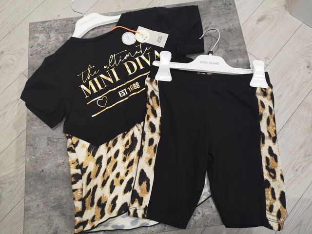 River island girls outfit age 3-4 years top & cycle shorts leopard print new