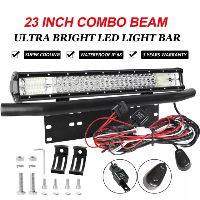 23 inch Tri Row LED Light Bar Spot Flood Beam + Number Plate Frame + Wiring Kit