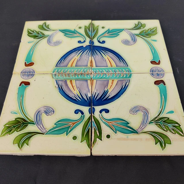 Vintage Globe Design Embossed Nouveau Architecture Furniture Tiles Japan 4Pc 2