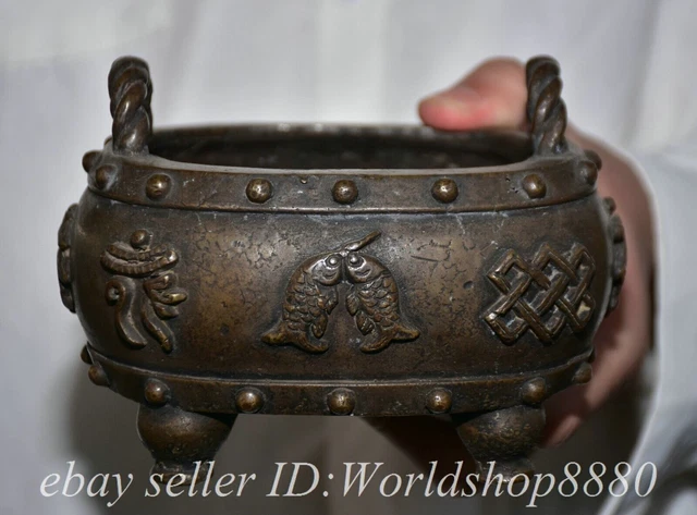 5.6" Marked Old Chinese Bronze Dynasty 8 symbol incense burner Censer Pot