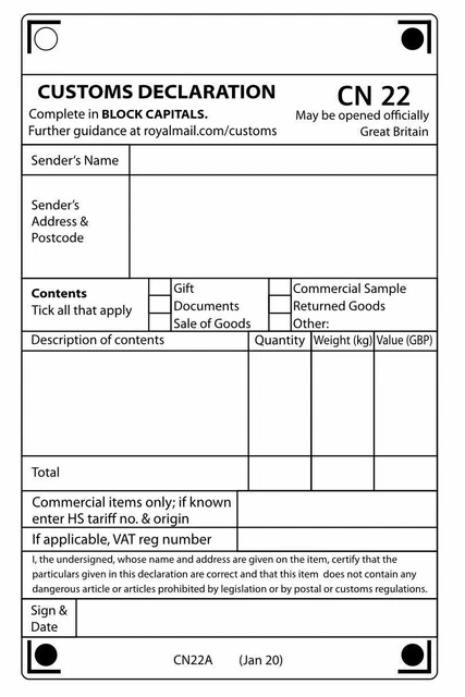 Custom Declaration Form BLANK ROYAL MAIL Cn22(A) Custom Label Declaration Forms - Use For ...