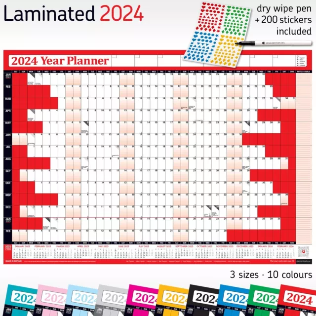 LAMINATED 2024 CALENDAR Planner Wall Chart Calender Wipeable FREE PEN