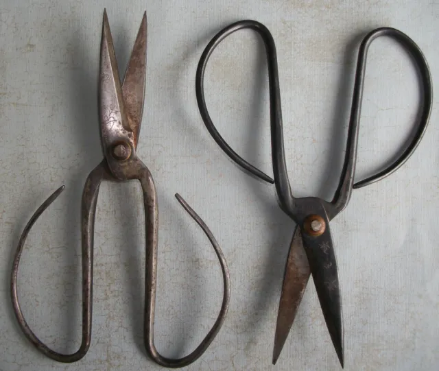 Two Primitive Antique Hand Forged Wrought Iron Scissors   (2)