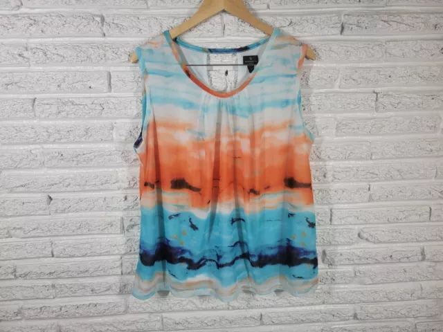 Worthington Womens Top 2X Tank Orange Blue Watercolor Lightweight Keyhole Pleats