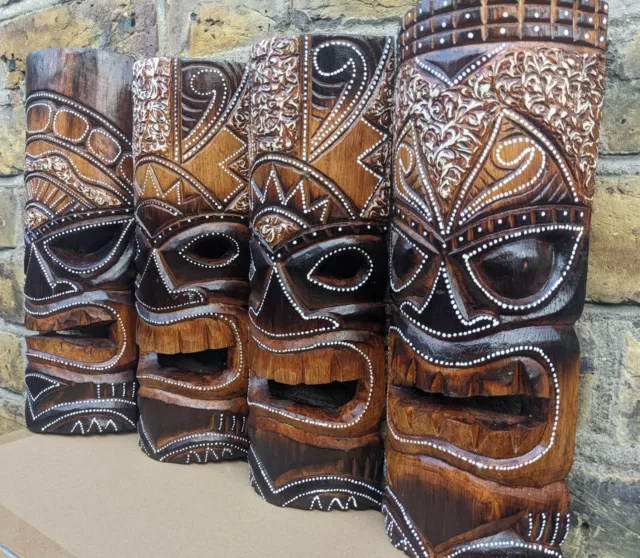 Tiki mask wood carving Hand carved & painted 30cm wall hanging wooden ornament 2