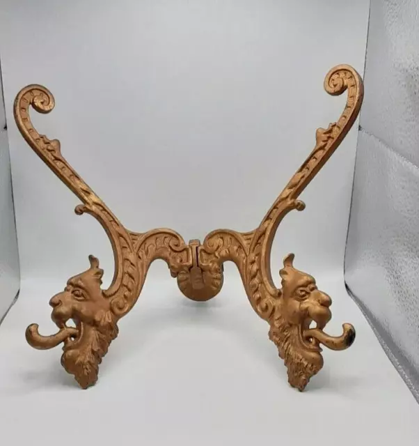 Pair Antique Cast Metal Double Wall Hook/Hangers Victorian Gargoyle Gold Finish
