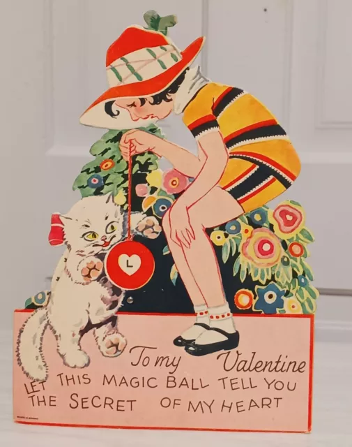 Vintage Valentine's Day Card Girl Large Hat White Cat Mechanical Magic Ball Love