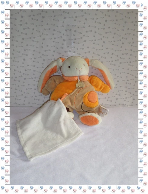 = - Doudou Peluche  Lapin  Beige Marron Blanc Mouchoir  Ronds Baby Nat