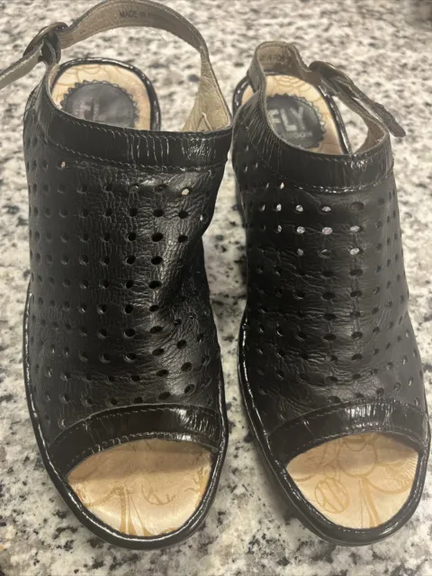 Fly London Yile Black Perforated Leather Mule Wedge Sandals 39