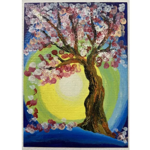 ACEO ORIGINAL PAINTING Mini Collectible Art Card Nature Tree Spring Flowers Ooak