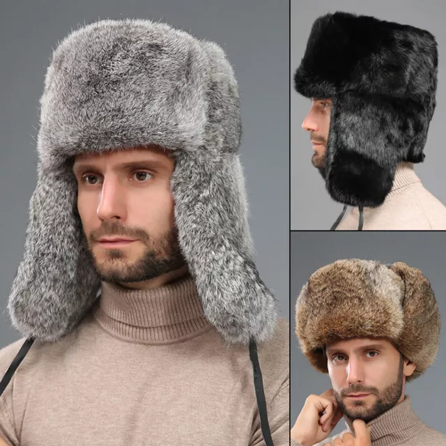 Bomber caldo spesso cappello uomo vero coniglio pelliccia earflap trapper  all'aperto berretto russo maschio plus size cappelli invernali sci cappello  russo