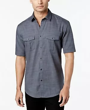 Alfani Mens Warren Textured Short Sleeve Button Down Shirt Gray 2XL