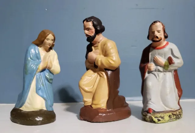 Lot 3 German Antique Nativity Figures Mary Joseph 4” Kneeling Germany Xmas Putz