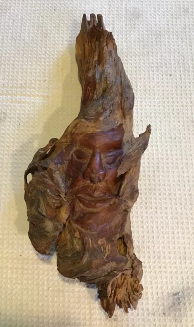 ANTIQUE RUSTIC Hand Carved Wood Burl Tree Face Forest Gnome WALL SCULPTURE 14”