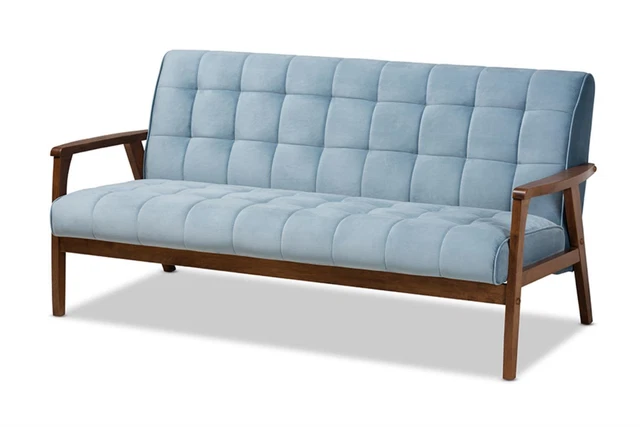 Baxton Studio Sofa With Light Blue And Walnut TOGO-Light Blue Velvet/Walnut-SF