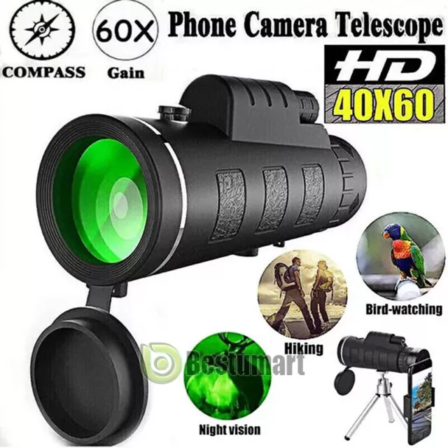 For Cell Phone 40X60 Zoom Optical HD Lens Monocular Telescope + Tripod + Clip