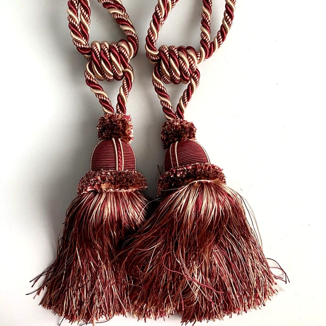 One Pair of 13” Tassel Tie Backs Curtain Large Braided Raspberry Red/Gold Twist