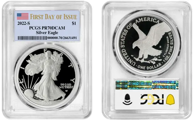 2022 S Silver Eagle $1 Pcgs Pr70Dcam First Day Of Issue  Flag T8