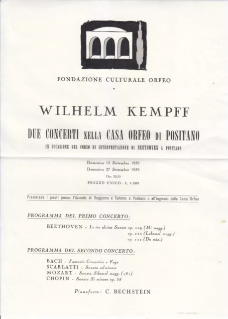 Recital Flyer Programme 1959 Positano Wilhelm Kempff for 2 concerts