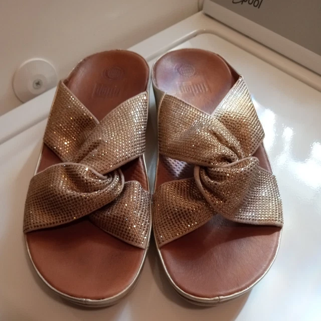 🔥FitFlop Women Lulu Cross Slide Sandals Leather Shoes gold  sequence Sz 10 us