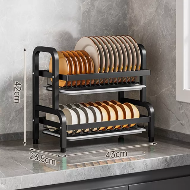 2 Tier Dish Drainer Rack with Drip Tray Cutlery Holder Plate Rack Kitchen Sink