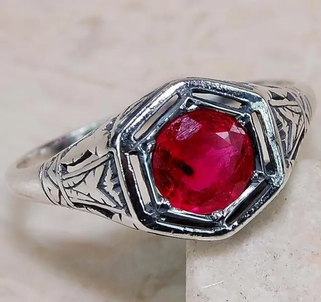 1CT Natural Ruby 925 Solid Sterling Silver Edwardian Style Ring Sz 6 FB1-8