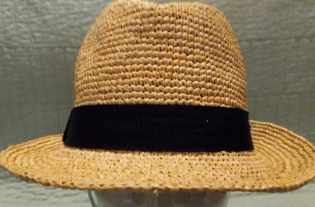 Women's Adj OSFM Banana Republic Straw Fedora Hat W/ Black Belt Deco