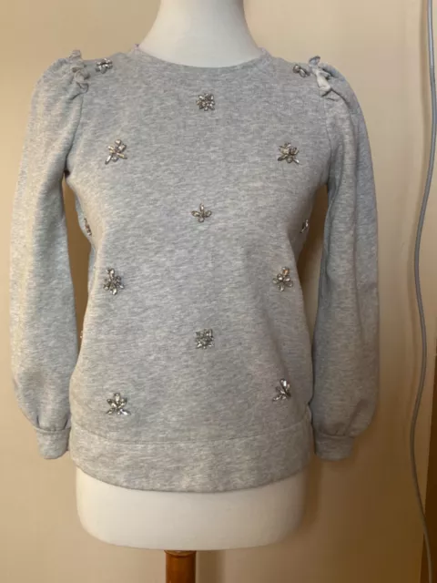 Talbots Womens Petite Gray Crewneck Sweatshirt Jeweled Beaded Puff Sleeve