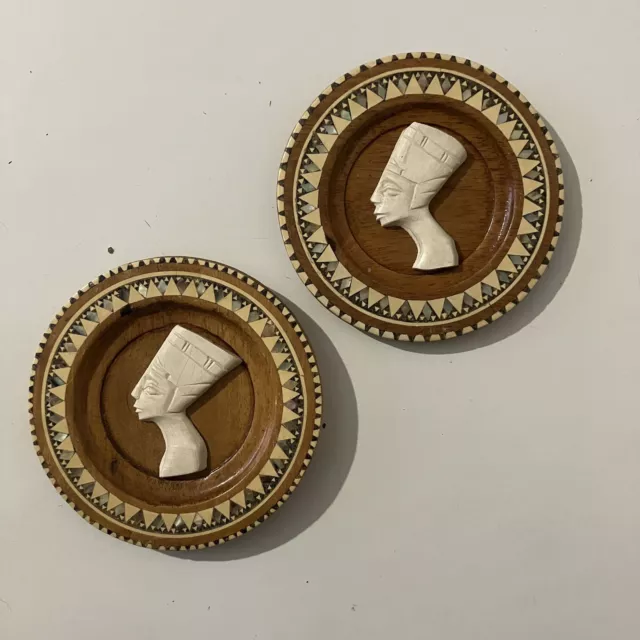 2x Vintage Egyptian Inlaid Wood Wall Plaque Plate Miniature Mother Of Pearl