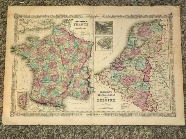 1863 JOHNSON'S France,Holland and Belgium Double map hand colored 18" x 26"