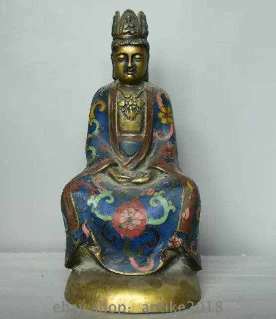 9.2" Old Chinese Cloisonne Enamel Bronze Seat Kwan-yin Guan Yin Goddess Statue