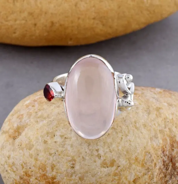 Quartz rose naturel, bague grenat en argent sterling 925, bijoux en pierres...