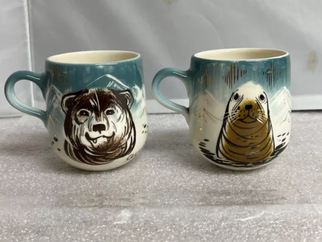 Vintage SASCHA BRASTOFF Signed Set of 2 Mugs with wolf and Seal 077 Alaska MCM