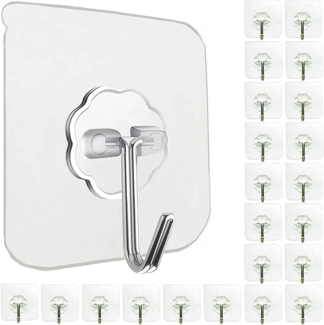 Wall Hooks Bathroom Shower Outdoor Transparent Waterproof Sticky 24 Pack Silver
