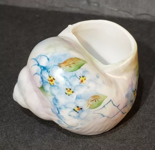Vintage Ceramic Nautilus Shell Air Plant Holder Handpainted w/ Blue Flowers 2"