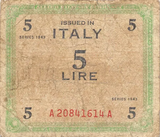 Italy  5  Lire  Series of 1943  Block A-A  WW II  Circulated Banknote Top9