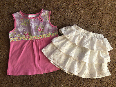 hanna Andersson Pink Floral Top White Eyelet Tiered Ruffle Skirt 5/6 Girls