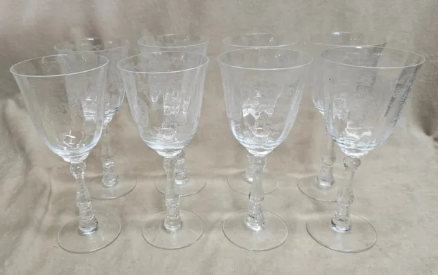 8 Vintage Fostoria Navarre Clear 7-5/8" Water Goblet Etched Floral Wine Glasses