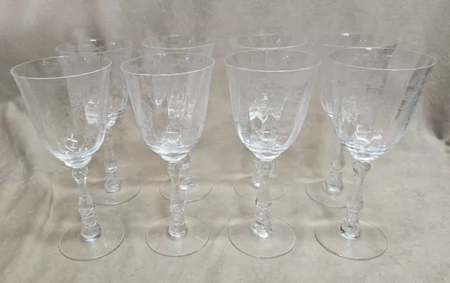 8 Vintage Fostoria Navarre Clear 7-5/8" Water Goblet Etched Floral Wine Glasses